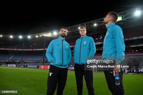 Elseid Hysay, Toma Basic and Sergej Milinkovic Savic look the pitch during the walk araund at De Kuip on November 02, 2022 in Rotterdam, Netherlands.