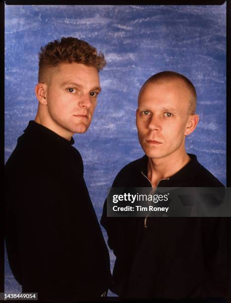 Portrait of the members of British Electronic and Pop group Erasure, circa 1990. Pictured are Andy Bell and Vince Clarke.