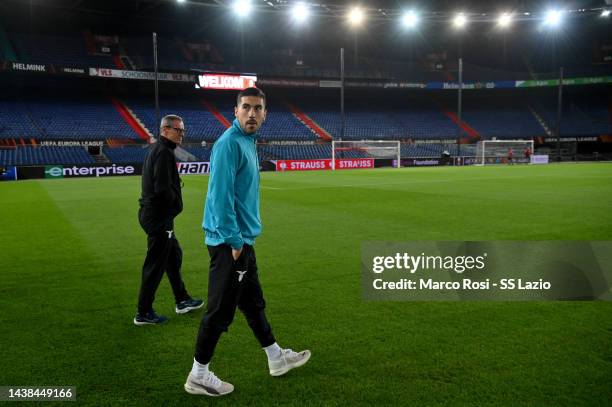 Manuel Lazzari of SS Lazio looks the pitch during the walk araund at De Kuip on November 02, 2022 in Rotterdam, Netherlands.
