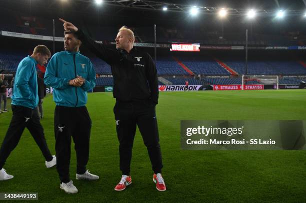 Alessio Romagnoli and Igli Tare of SS Lazio looks the pitch during the walk araund at De Kuip on November 02, 2022 in Rotterdam, Netherlands.