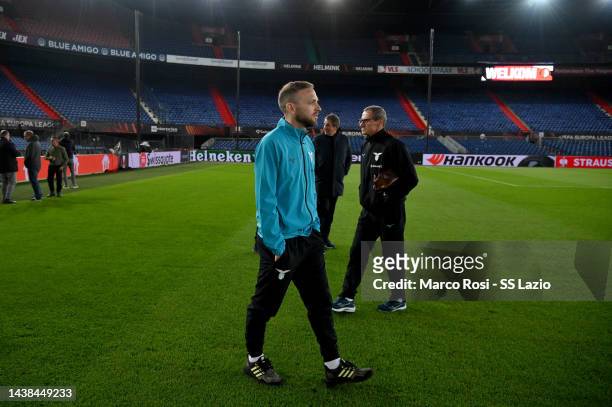 Manuel Lazzari of SS Lazio looks the pitch during the walk araund at De Kuip on November 02, 2022 in Rotterdam, Netherlands.