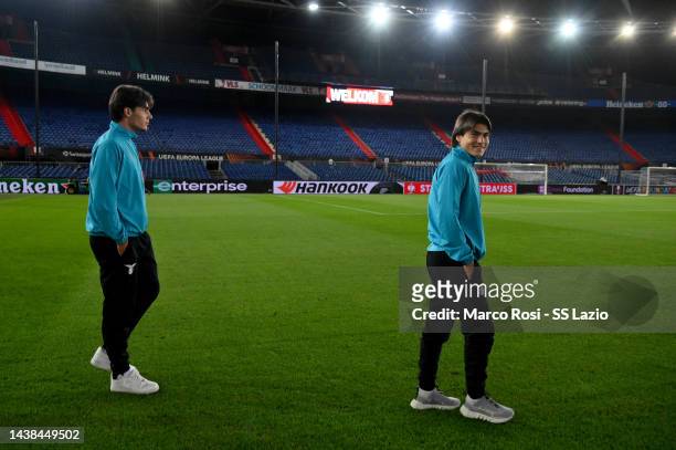 Matteo Cancellieri and Luka Romero of SS Lazio looks the pitch during the walk araund at De Kuip on November 02, 2022 in Rotterdam, Netherlands.