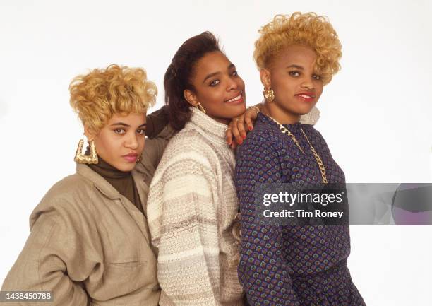 Portrait of American hip hop trio Salt-n-Pepa, circa 1987. Pictured are, from left, Cheryl 'Salt' James, Deidra 'DJ Spinderella' Roper, and Sandra...