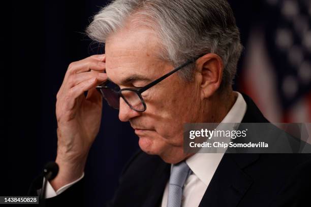 Federal Reserve Bank Board Chairman Jerome Powell delivers opening remarks during a news conference following a meeting of the Federal Open Market...