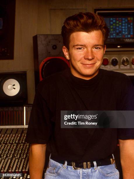 Portrait of British Pop musician Rick Astley as he poses in Southwark's PWL Studios, London, England, 1988.