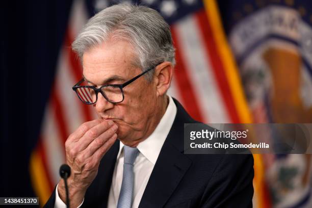 Federal Reserve Bank Board Chairman Jerome Powell answers reporters' questions during a news conference following a meeting of the Federal Open...
