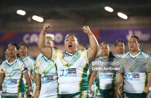 Players of Cook Islands perform the Maori Ura prior to the Women's Rugby League World Cup 2021 Pool B match between Australia Women and Cook Islands...