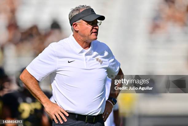 Head coach Gus Malzahn of the UCF Knights looks on prior to a game against the Cincinnati Bearcats at FBC Mortgage Stadium on October 29, 2022 in...