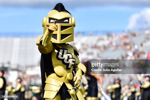 The UCF Knights mascot Knightro performs prior to a game against the Cincinnati Bearcats at FBC Mortgage Stadium on October 29, 2022 in Orlando,...
