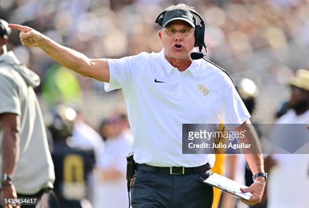 Head coach Gus Malzahn of the UCF Knights reacts during the first half of a game against the Cincinnati Bearcats at FBC Mortgage Stadium on October...