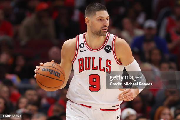 Nikola Vucevic of the Chicago Bulls dribbles against the Indiana Pacers during the first half at United Center on October 26, 2022 in Chicago,...