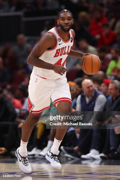 Patrick Williams of the Chicago Bulls dribbles against the Indiana Pacers during the second half at United Center on October 26, 2022 in Chicago,...