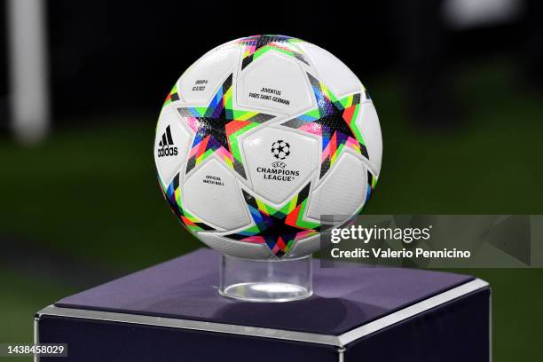 Detailed view of the UEFA Champions League match ball prior to the UEFA Champions League Group H match between Juventus and Paris Saint-Germain at...