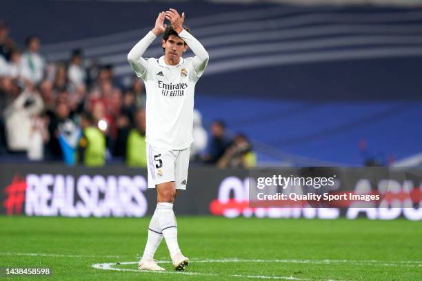 Jesus Vallejo of Real Madrid acknowledges the crowd at the end of the UEFA Champions League group F match between Real Madrid and Celtic FC at...