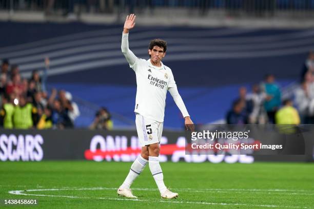 Jesus Vallejo of Real Madrid acknowledges the crowd at the end of the UEFA Champions League group F match between Real Madrid and Celtic FC at...