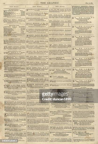 vintage old victorian newspaper page, notices, adverts, 1870s, 19th century - victorian font stock illustrations
