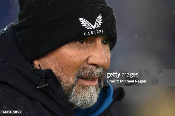 Jorge Sampaoli, Head Coach of Sevilla FC looks on prior to the UEFA Champions League group G match between Manchester City and Sevilla FC at Etihad...