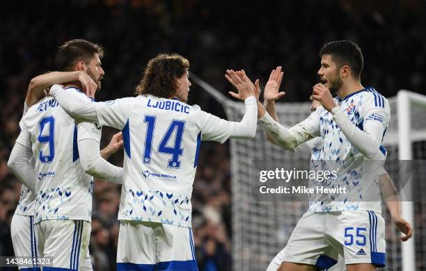 Bruno Petkovic of Dinamo Zagreb celebrates after scoring their team's first goal during the UEFA Champions League group E match between Chelsea FC...