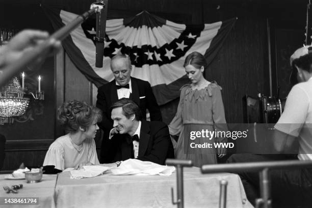 Barbara Harris , Alan Alda , and Meryl Streep prepare for filming during production of "The Seduction of Joe Tynan" in Baltimore, Maryland, on May...