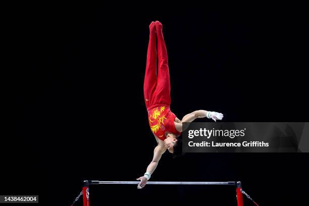 Wei Sun of People's Republic of China competes on the Horizontal Bar during the Men's Team Final on day five of the 2022 Gymnastics World...