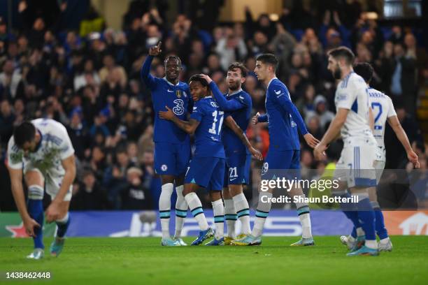 Raheem Sterling celebrates with Denis Zakaria, Ben Chilwell and Kai Havertz of Chelsea after scoring their team's first goal during the UEFA...