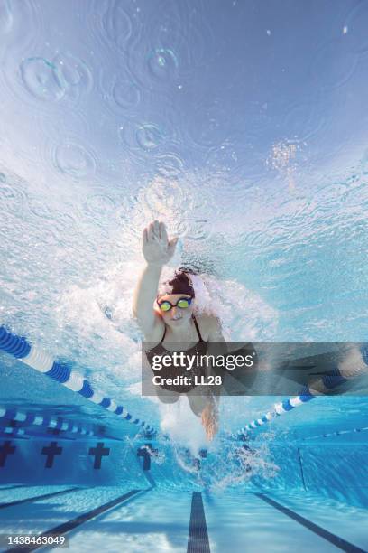 プールでの女子水泳選手トレーニング - swimming lane marker ストックフォトと画像