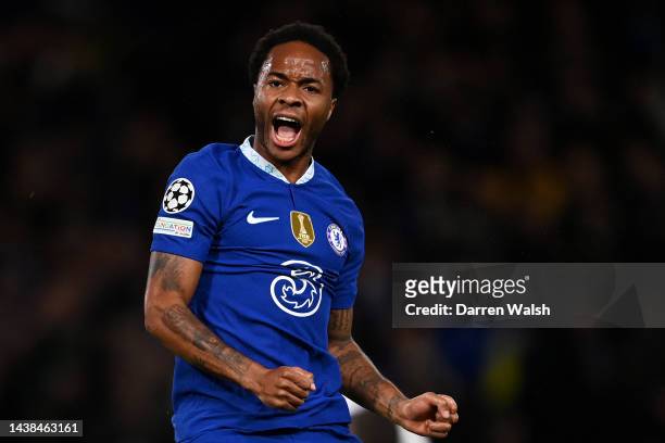 Raheem Sterling of Chelsea celebrates after scoring their team's first goal during the UEFA Champions League group E match between Chelsea FC and...