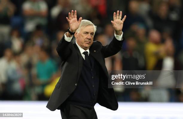 Carlo Ancelotti, Head Coach of Real Madrid acknowledges fans after the UEFA Champions League group F match between Real Madrid and Celtic FC at...