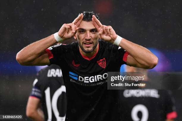 Rafa Mir of Sevilla FC celebrates after scoring their sides first goal during the UEFA Champions League group G match between Manchester City and...