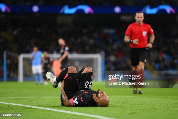 Marcao of Sevilla FC is seen injured during the UEFA Champions League group G match between Manchester City and Sevilla FC at Etihad Stadium on...