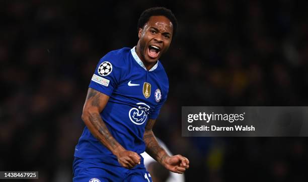 Raheem Sterling of Chelsea celebrates after scoring their team's first goal during the UEFA Champions League group E match between Chelsea FC and...