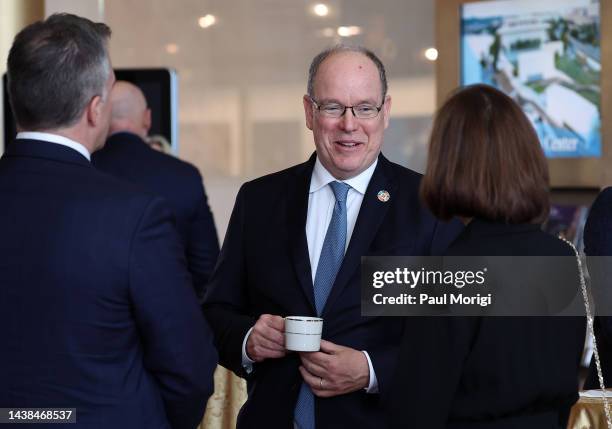 Prince Albert II of Monaco visits the "Humanity & Wildlife: Crossed Destinies, Shared Territories" photo exhibition at Kennedy Center Hall of States...