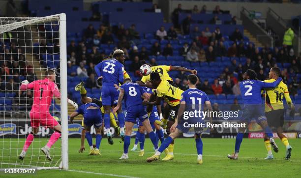 Ismaila Sarr of Watford scores their team's second goal past Ryan Allsop of Cardiff City during the Sky Bet Championship between Cardiff City and...