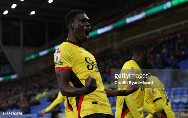 Ismaila Sarr of Watford celebrates after scoring their team's second goal during the Sky Bet Championship between Cardiff City and Watford at Cardiff...