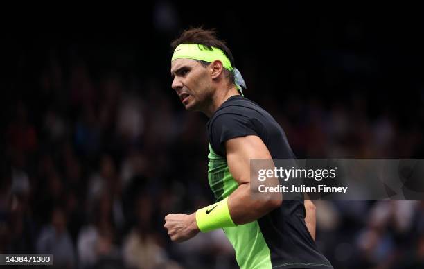 Rafael Nadal of Spain celebrates after winning the first set in their round of 32 singles match against Tommy Paul of the United States during Day...