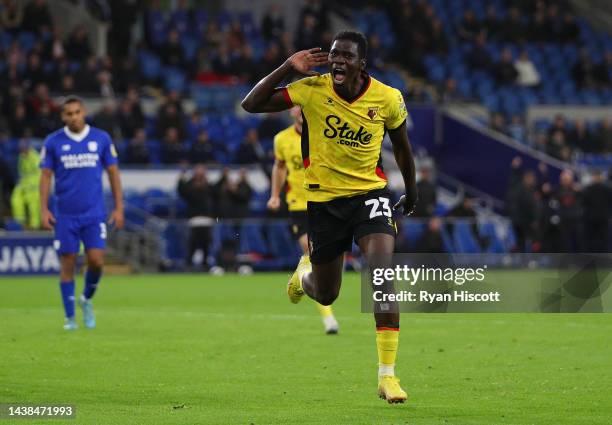 Ismaila Sarr of Watford celebrates after scoring their team's second goal during the Sky Bet Championship between Cardiff City and Watford at Cardiff...