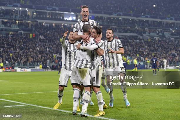Leonardo Bonucci of Juventus celebrates after scoring his team's first goal with teammates Fabio Miretti, Arkadiusz Krystian Milik, Filip Kostic and...
