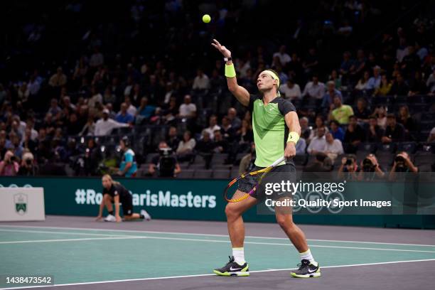 Rafael Nadal of Spain serves against Tommy Paul of the United States in the second round during Day Three of the Rolex Paris Masters tennis at Palais...