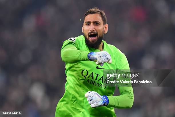 Gianluigi Donnarumma of Paris Saint-Germain celebrates after Nuno Mendes of Paris Saint-Germain scores their sides second goal during the UEFA...