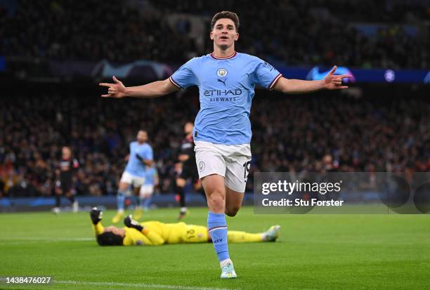 Julian Alvarez of Manchester City celebrates after scoring their sides second goal during the UEFA Champions League group G match between Manchester...