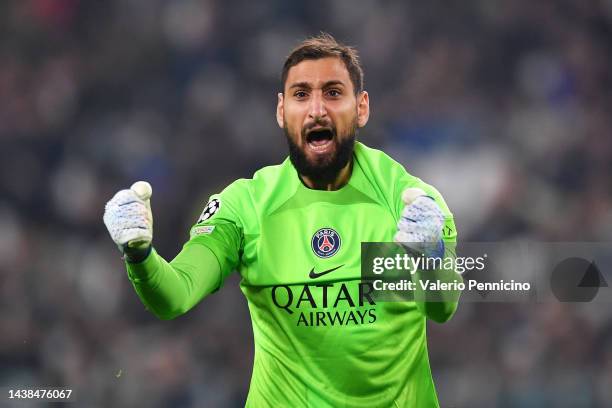 Gianluigi Donnarumma of Paris Saint-Germain celebrates after Nuno Mendes of Paris Saint-Germain scores their sides second goal during the UEFA...