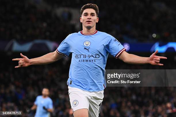 Julian Alvarez of Manchester City celebrates after scoring their sides second goal during the UEFA Champions League group G match between Manchester...