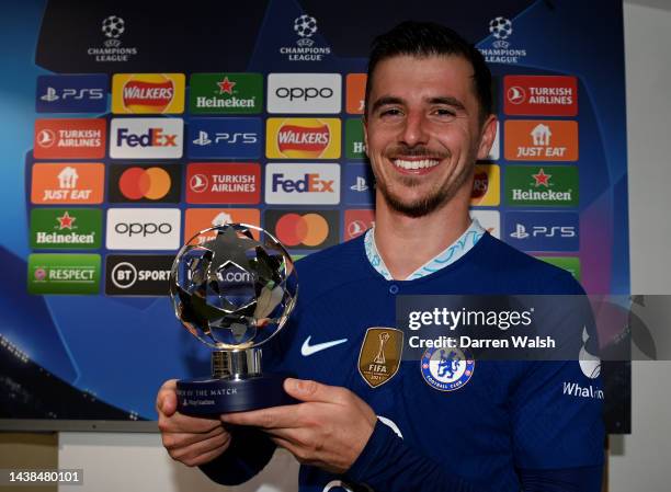 Mason Mount of Chelsea poses for a photo with the PlayStation Player Of The Match trophy after their sides victory during the UEFA Champions League...