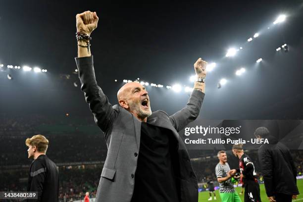 Stefano Pioli, Head Coach of AC Milan celebrates after their sides victory during the UEFA Champions League group E match between AC Milan and FC...