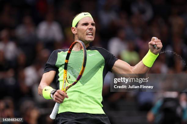 Rafael Nadal of Spain celebrates after winning a point in their round of 32 singles match against Tommy Paul of the United States during Day Three of...