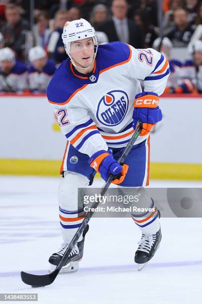 Tyson Barrie of the Edmonton Oilers controls the puck against the Chicago Blackhawks during the first period at United Center on October 27, 2022 in...