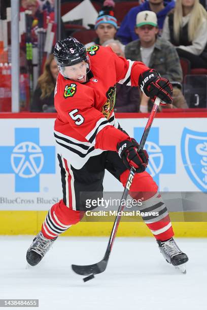 Connor Murphy of the Chicago Blackhawks takes a shot on goal against the Edmonton Oilers during the second period at United Center on October 27,...