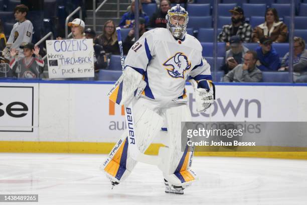Eric Comrie of the Buffalo Sabres skates during warmups before an NHL hockey game against the Pittsburgh Penguins at KeyBank Center on November 02,...