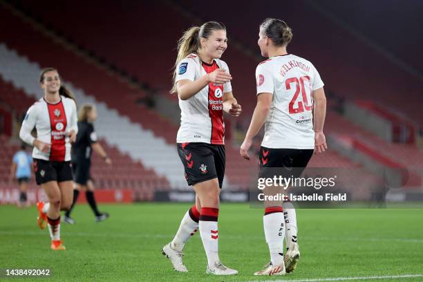 Katie Wilkinson of Southampton celebrates scoring her third goal with Alice Griffiths of Southampton during the Barclays FA Women's Championship...