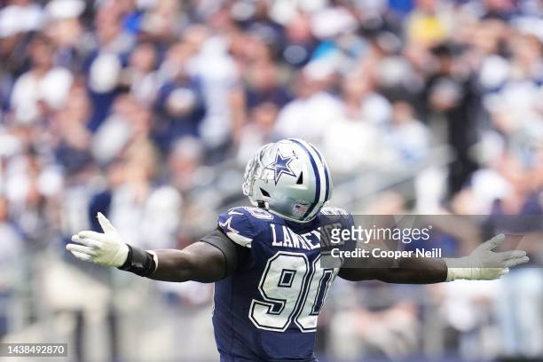 DeMarcus Lawrence of the Dallas Cowboys celebrates against the Chicago Bears at AT&T Stadium on October 30, 2022 in Arlington, Texas.